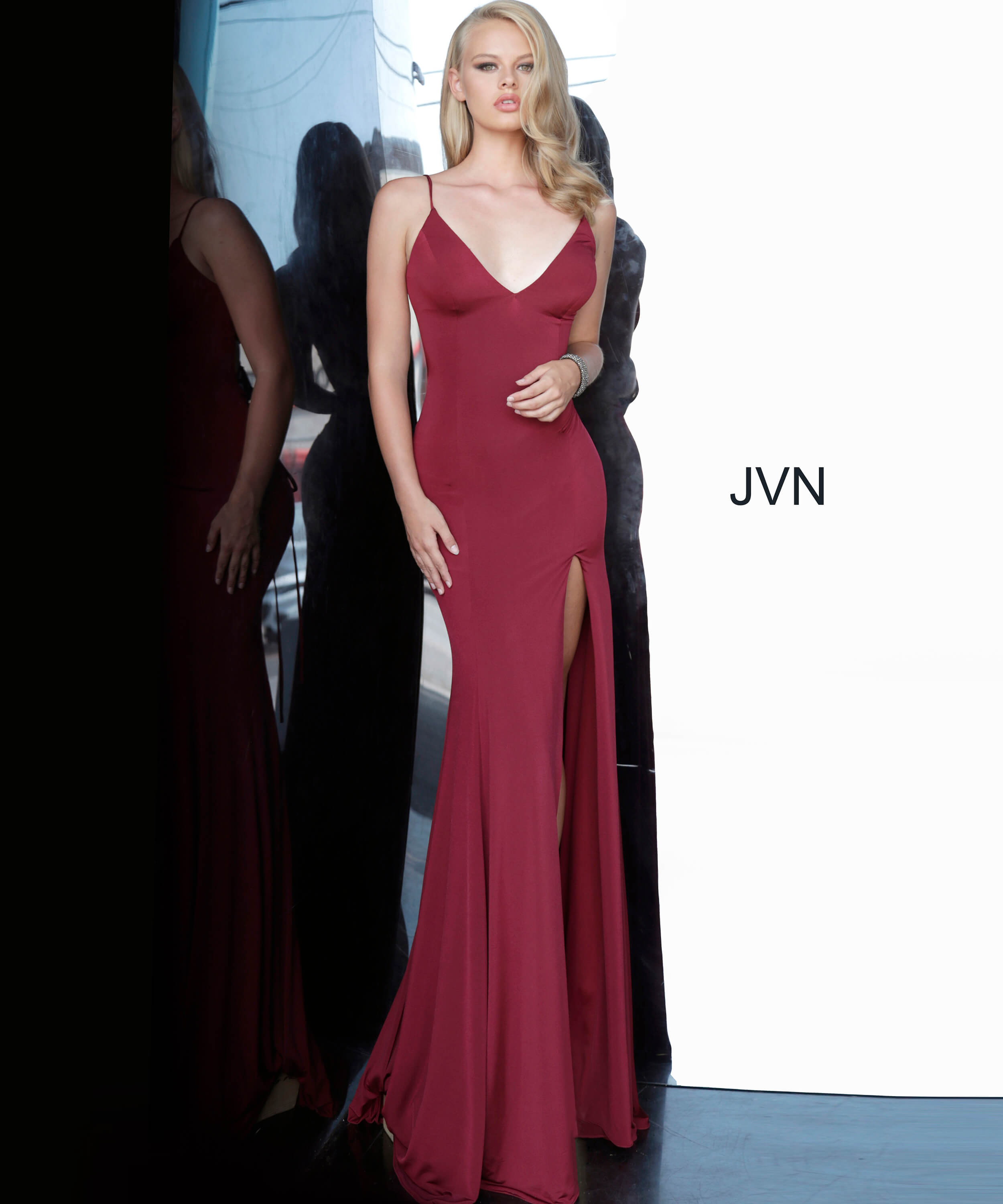 Jvn02071 Dress Jvn Burgundy High Slit V Neck Prom Dress 9622